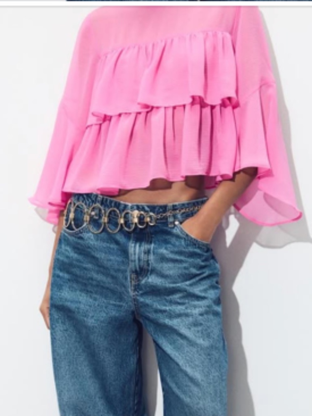 ZARA Hot pink long-sleeve blouse features distinctive ruffle details  Zara light